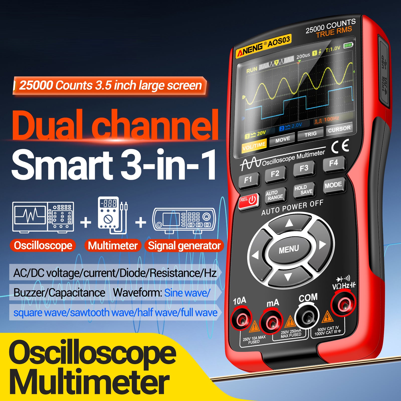 ANENG AOS03 Digital Oscilloscope Multimeter Signal Generator Waveform Output Handheld Multimeter ANENG AOS03 Digital Oscilloscope Multimeter Signal Generator Waveform Output Handheld Multimeter